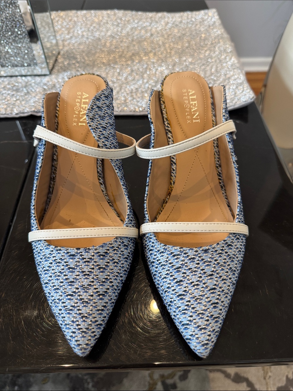 Alfani Blue Woven Pointed-Toe Slingback Heels with White Straps
